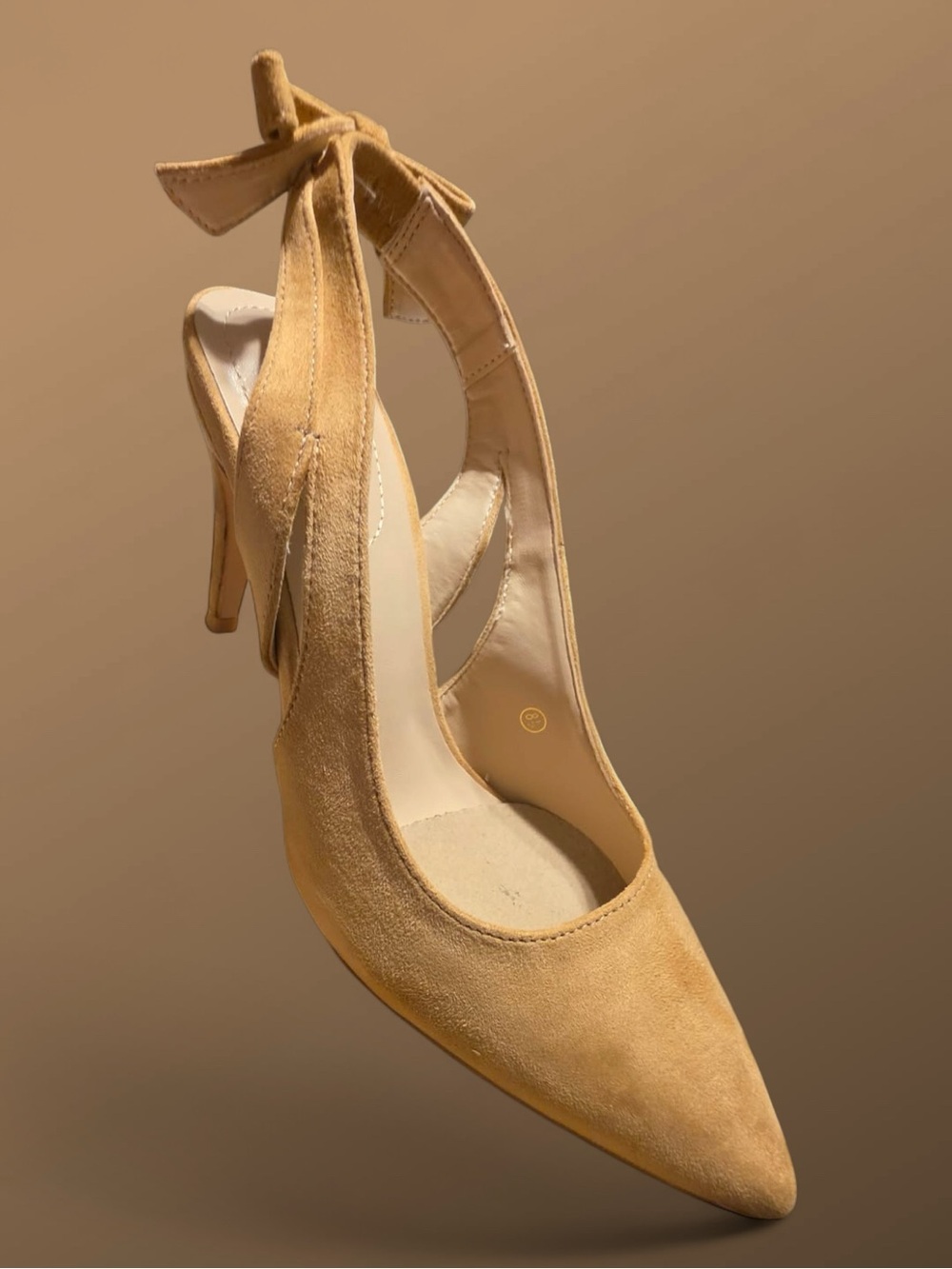 Pointed-Toe Suede Ankle Tie Pumps in Tan